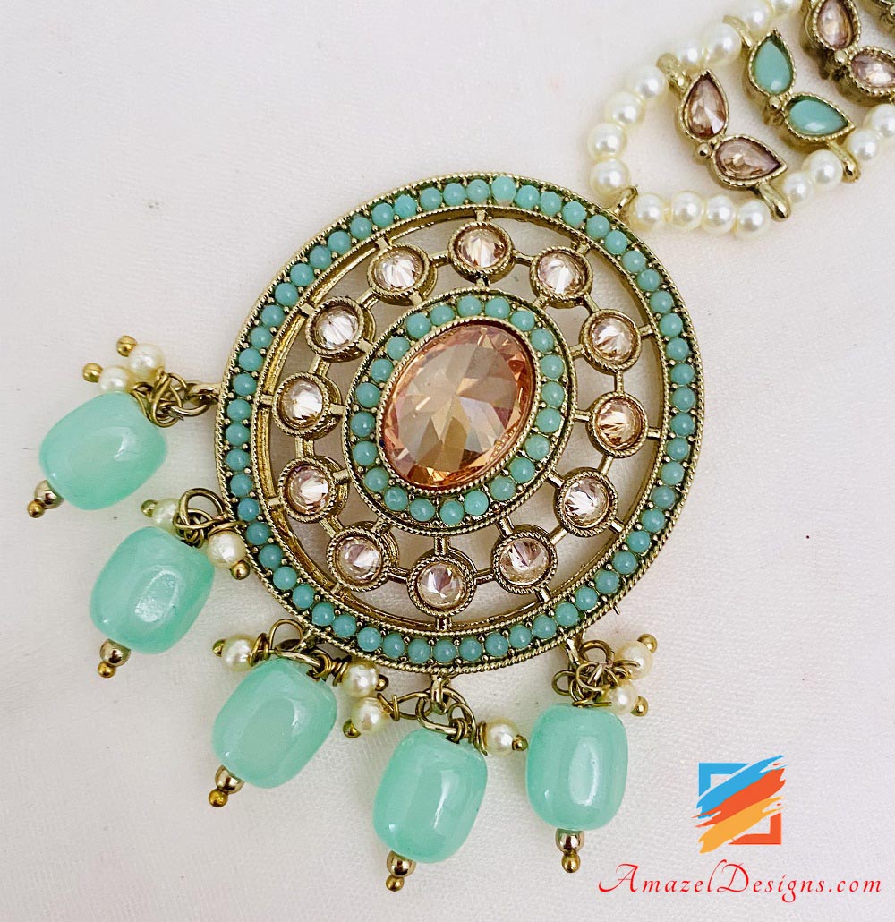 Polki Mint Übergroße Ohrringe Tikka Set