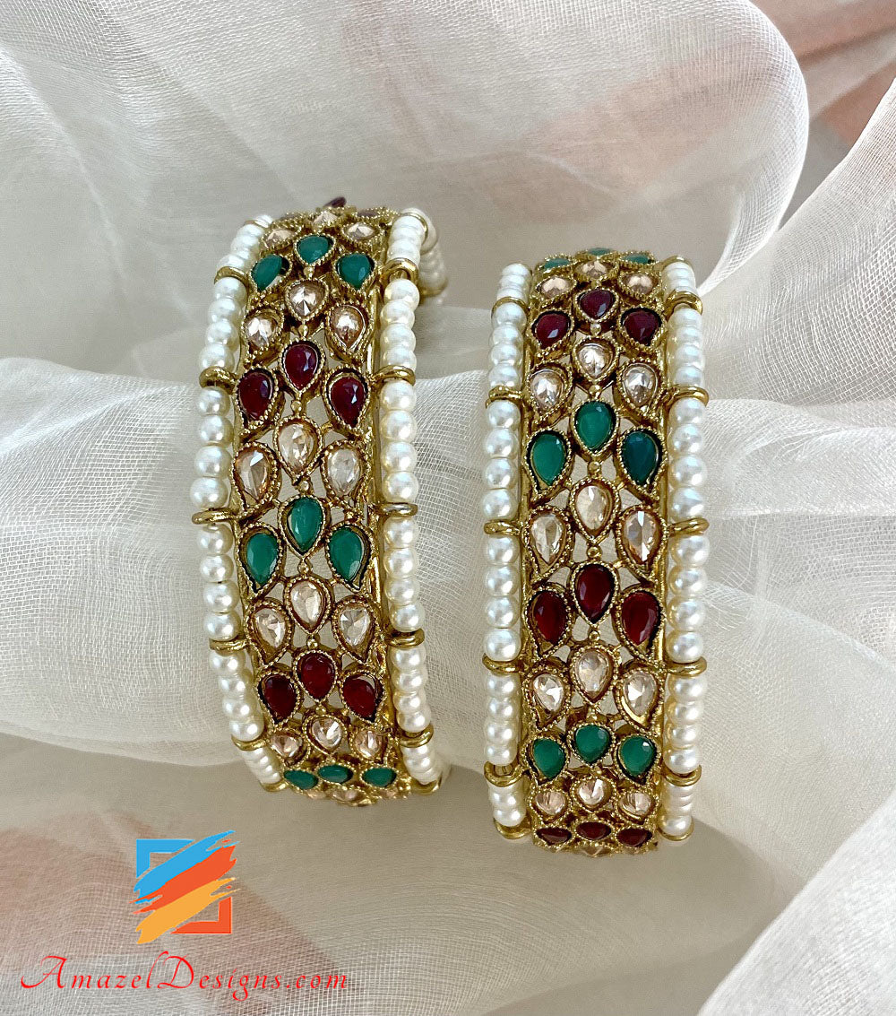 Polki Multicolored Kada Set White Beads Border