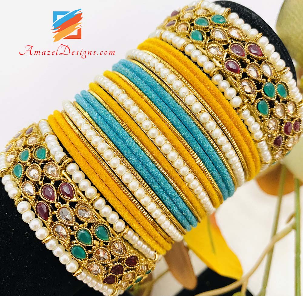 Polki Multicoloured Kadas And Velvet Bangles Set