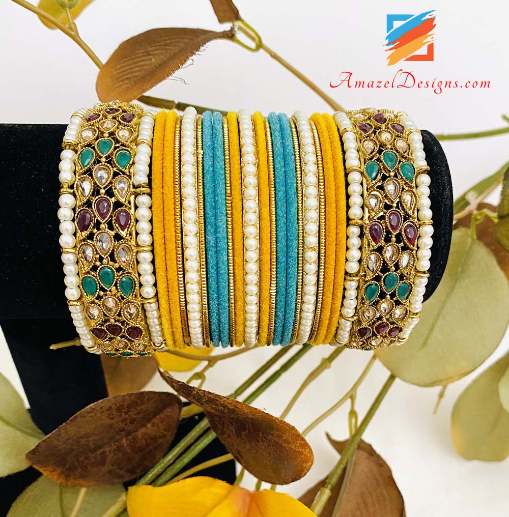 Polki Multicoloured Kadas And Velvet Bangles Set