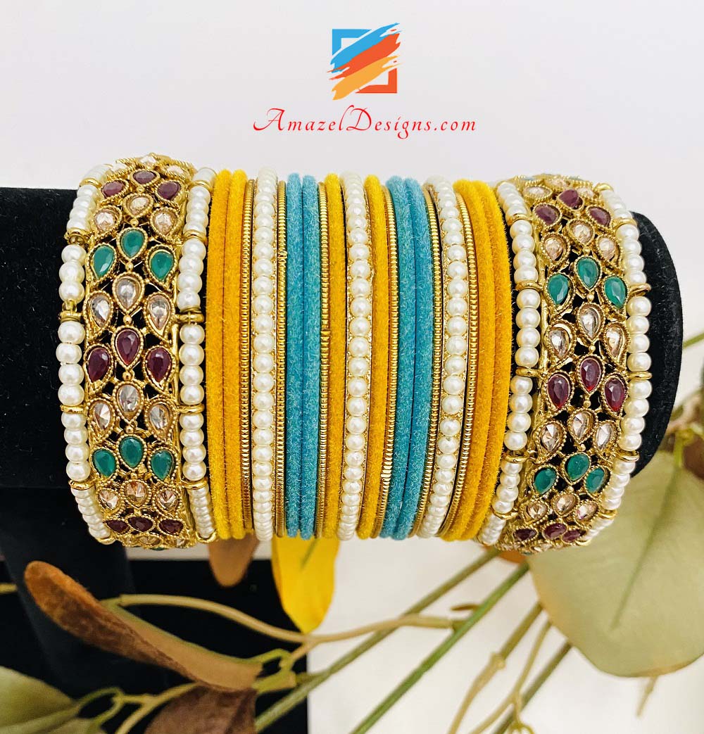 Polki Multicoloured Kadas And Velvet Bangles Set