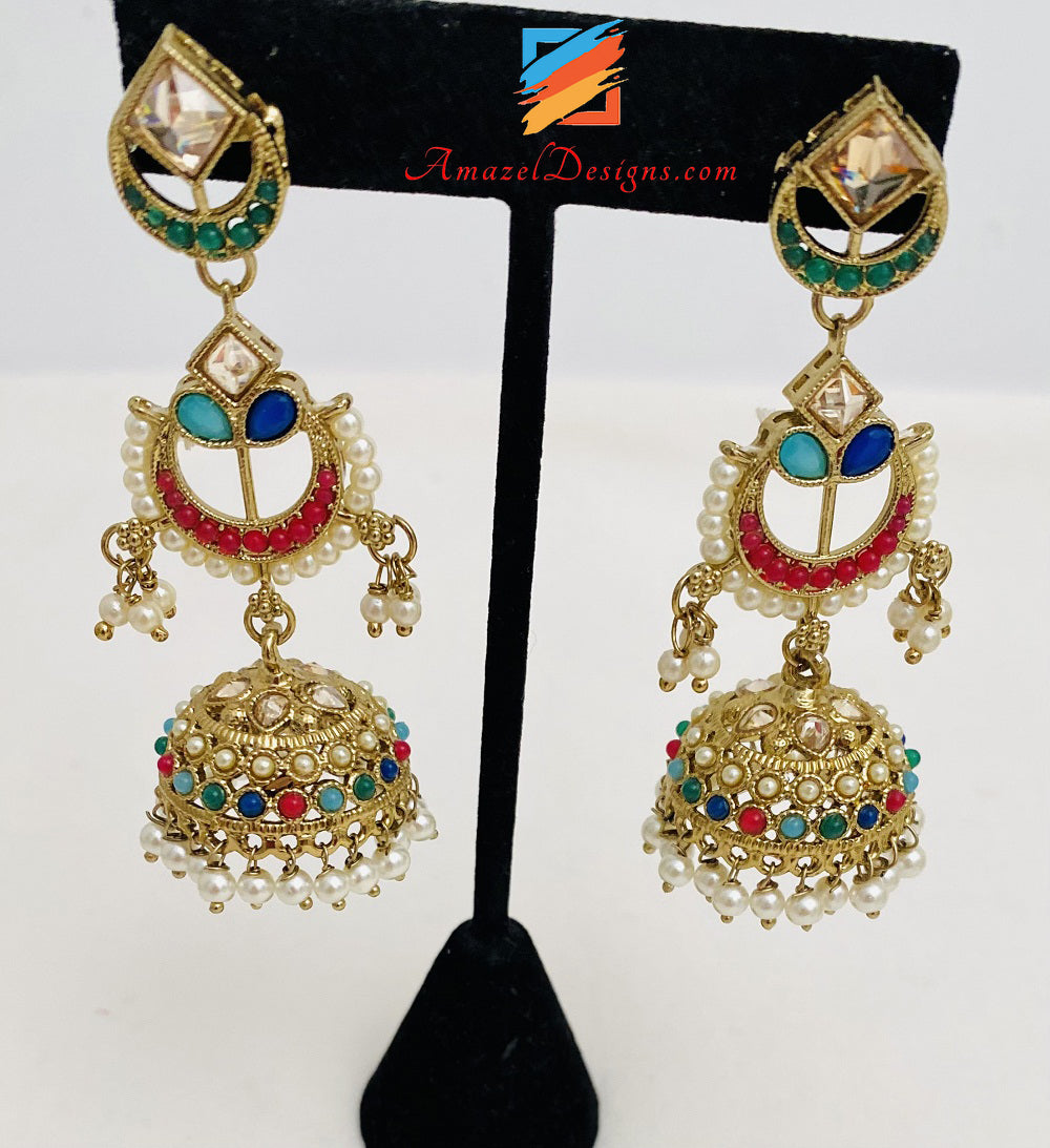 Collana Polki Multicolore Orecchini Jhumki Set Tikka