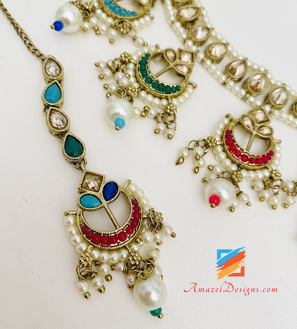 Collana Polki Multicolore Orecchini Jhumki Set Tikka