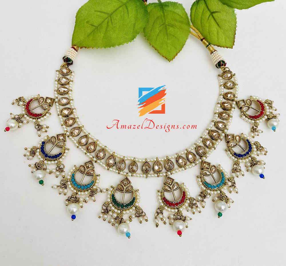 Collana Polki Multicolore Orecchini Jhumki Set Tikka