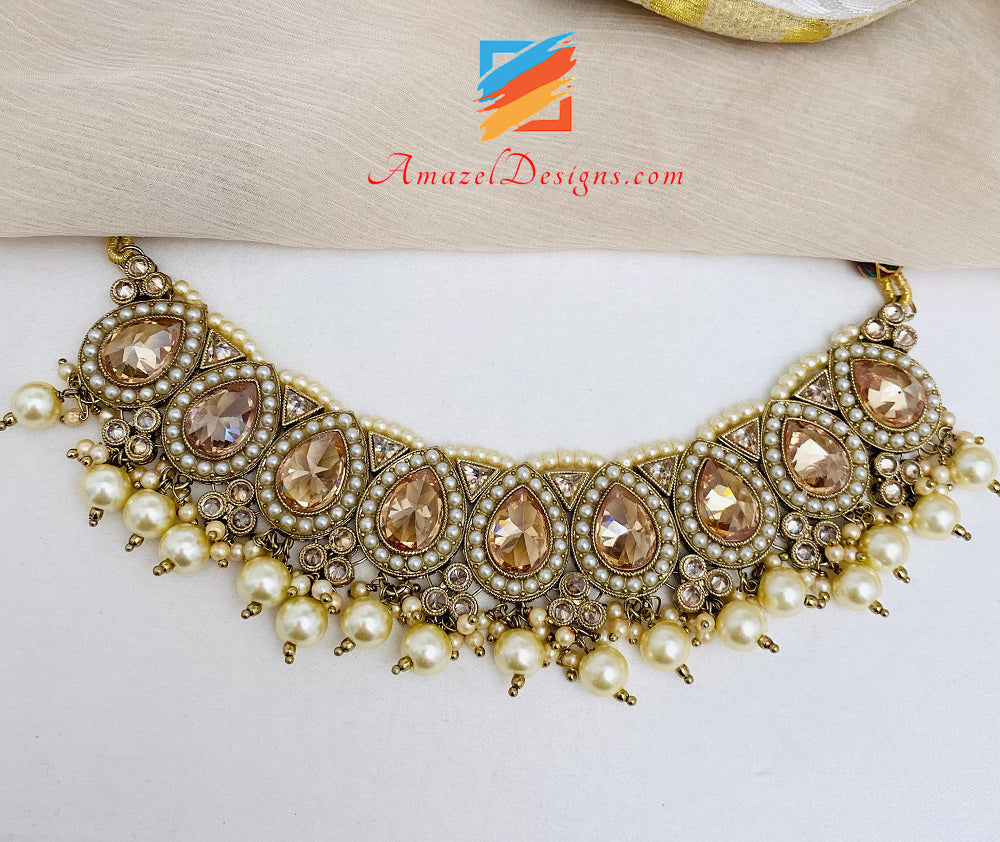 Polki Necklace Champagn Jhumki Earrings Tikka Set