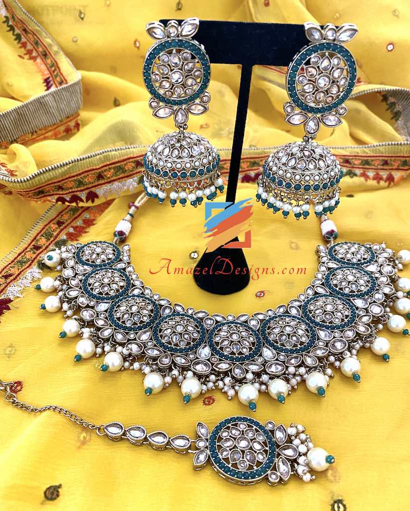 Polki Grüne Halskette Jhumka und Tikka Set