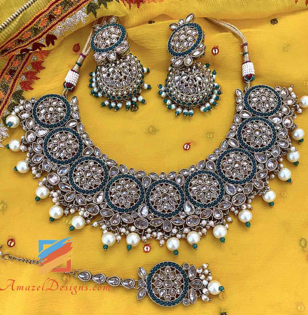 Polki Grüne Halskette Jhumka und Tikka Set
