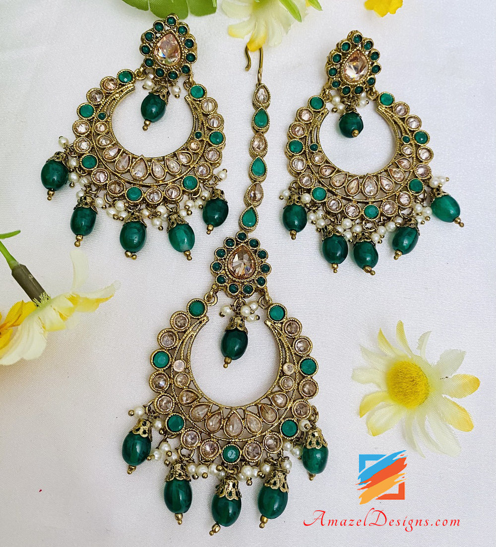 Polki Necklace Set - Lightweight Green Beads