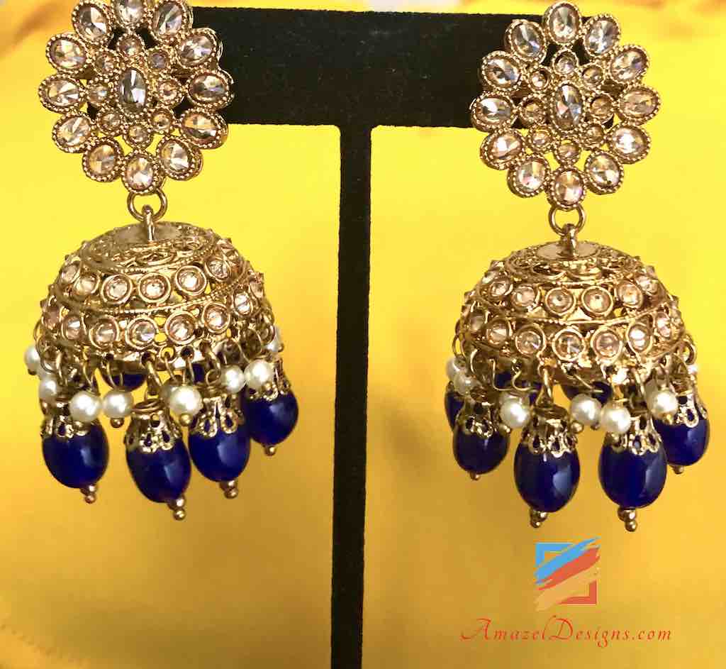 Collana Polki con perline blu Orecchini Jhoomkis e piccolo set Tikka