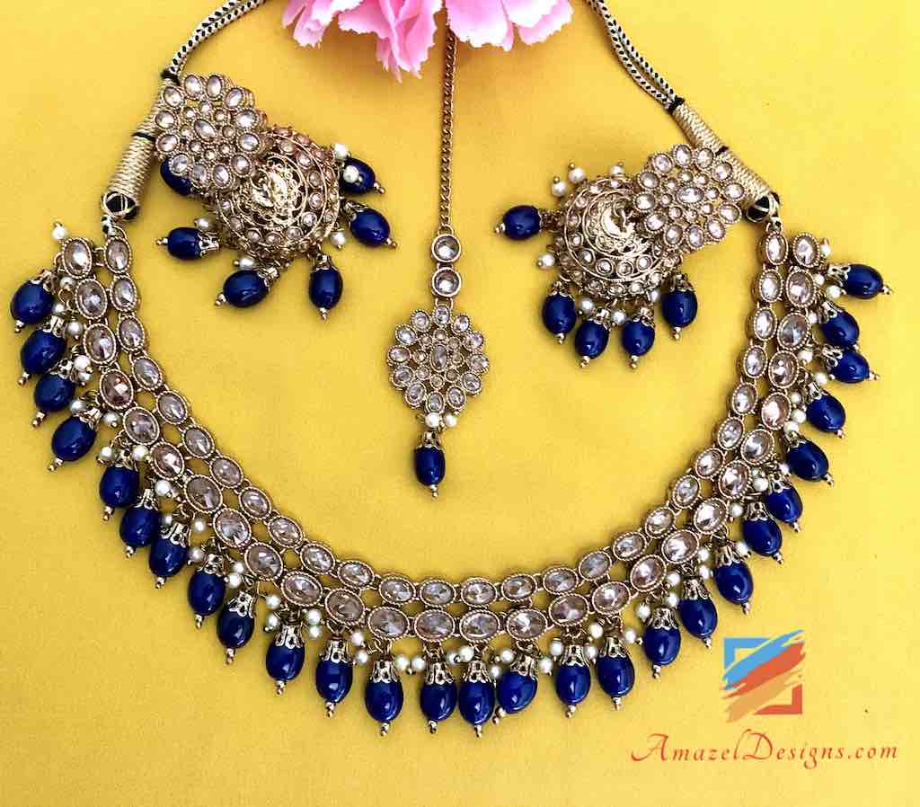 Collana Polki con perline blu Orecchini Jhoomkis e piccolo set Tikka