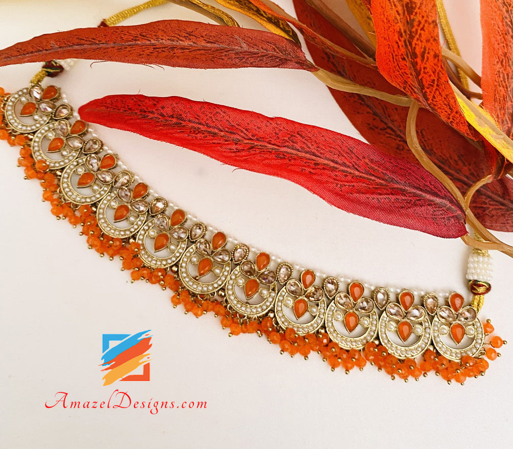 Polki Arancione 🍊 Collana Girocollo Orecchini Tikka Set