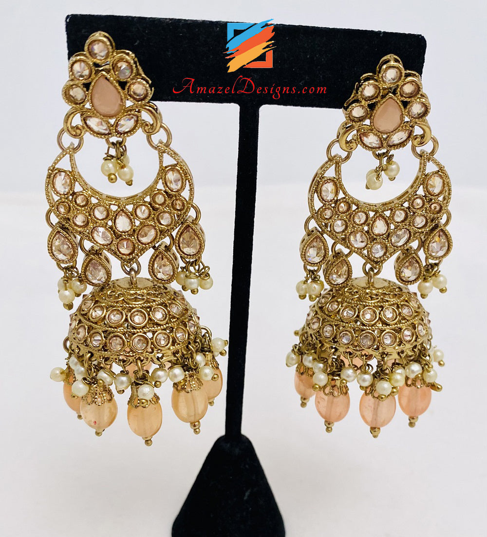 Polki Peach Jhumki Earrings Tikka Set