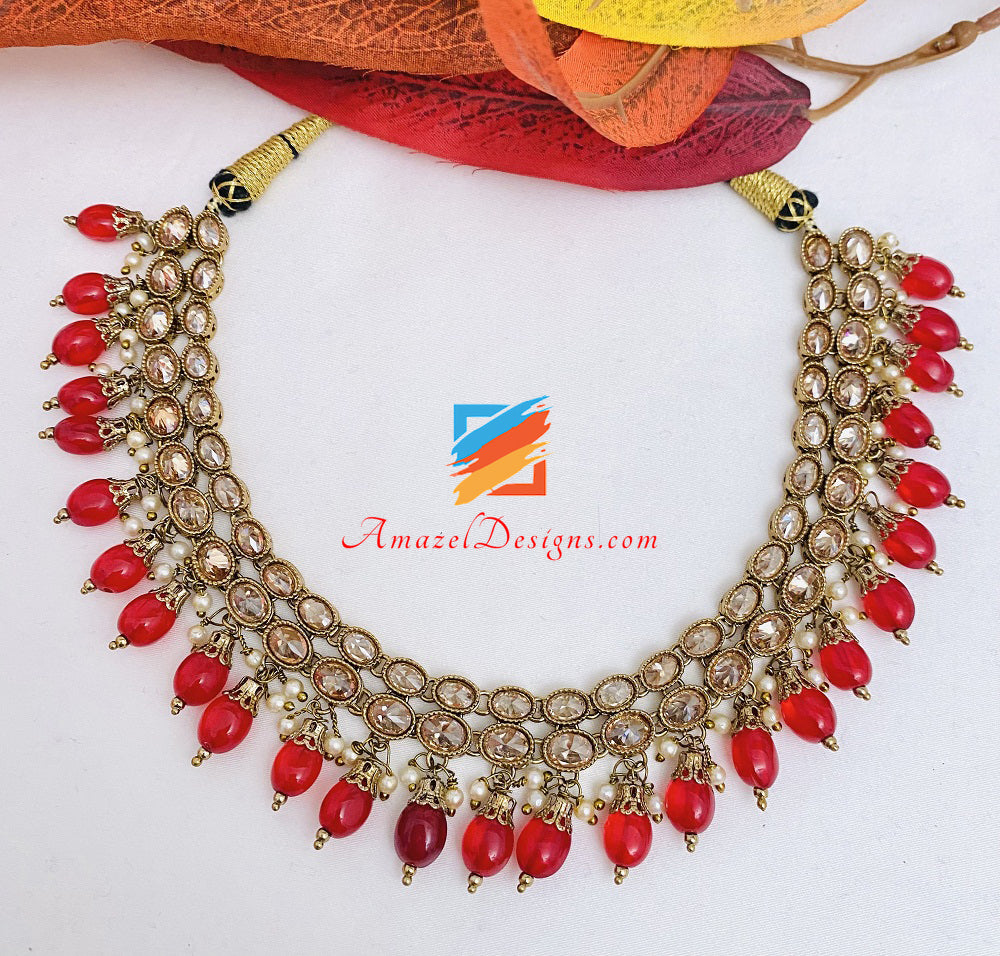 Polki Red Necklace Jhumki Earrings Tikka Set
