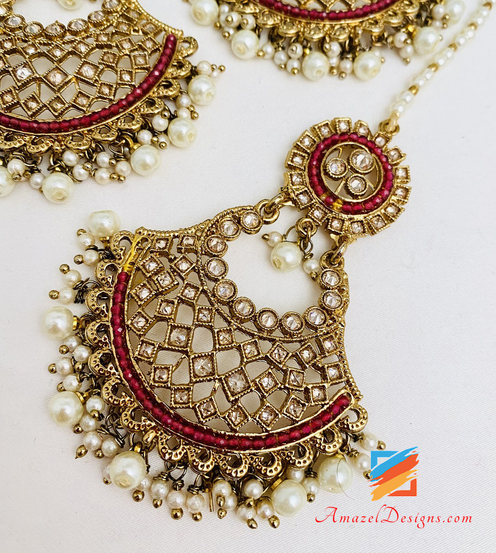 Polki Ruby Maroon Ohrringe Tikka Set