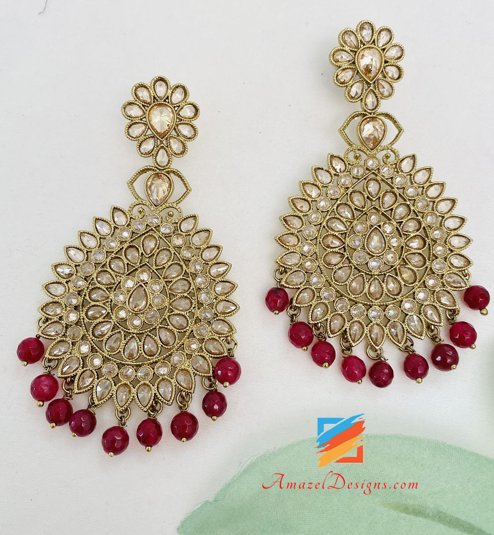 Polki Ruby Maroon Earrings Tikka Set