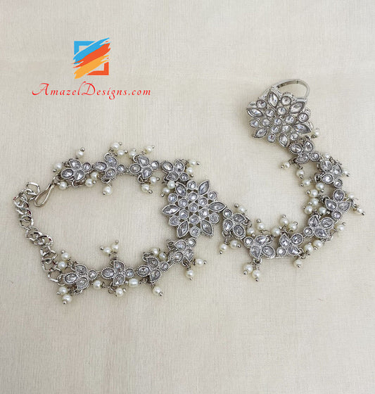Polki Silver Hand Piece With White Beads