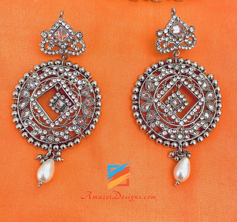 Polki Silver Stones Orecchini Rani Haar Set Tikka