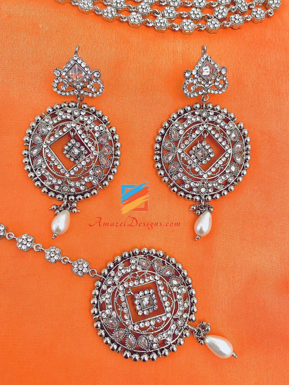 Polki Silver Stones Orecchini Rani Haar Set Tikka