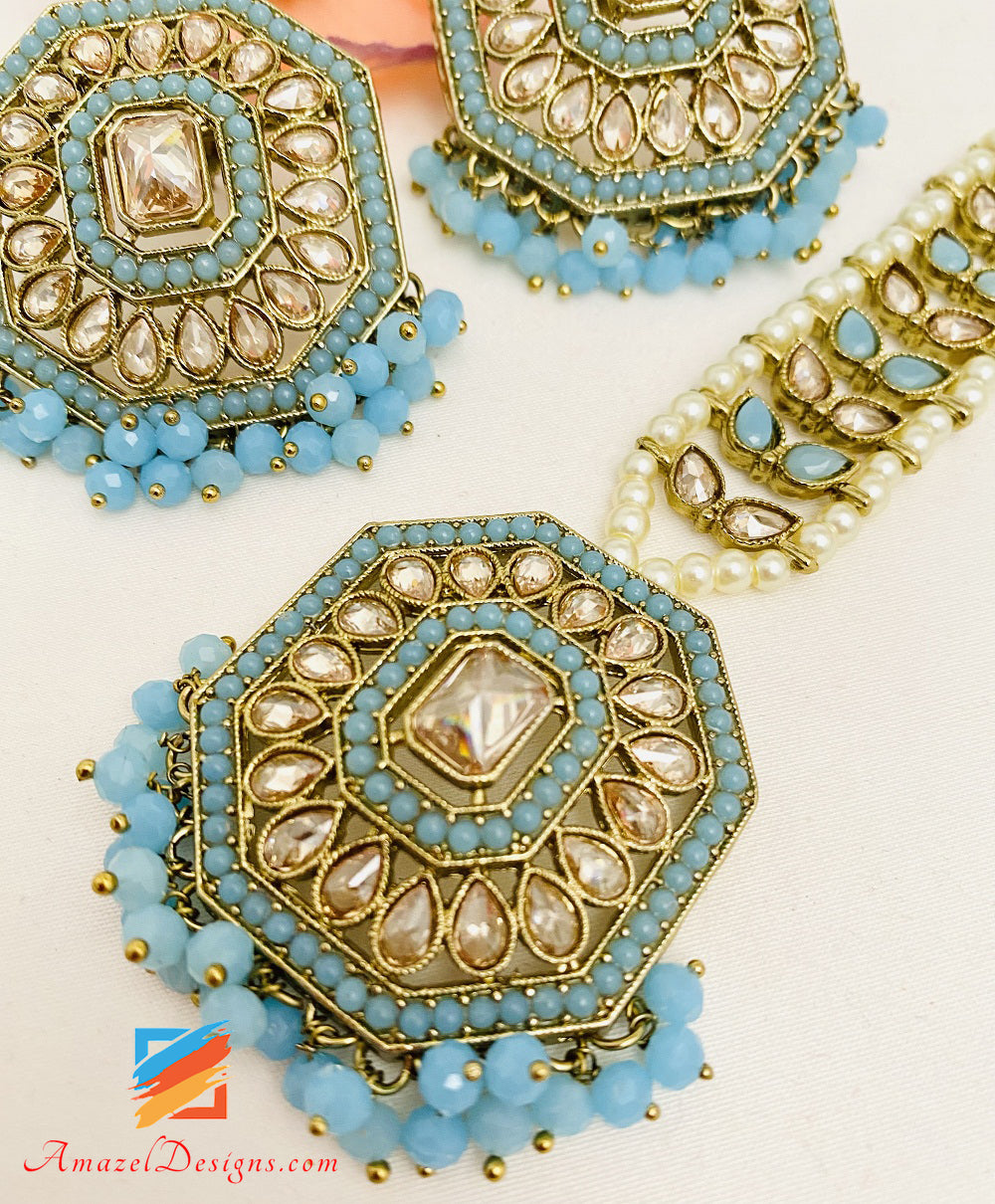 Polki Sky Blue Feerozi Lightweight Studs Earrings Tikka Set