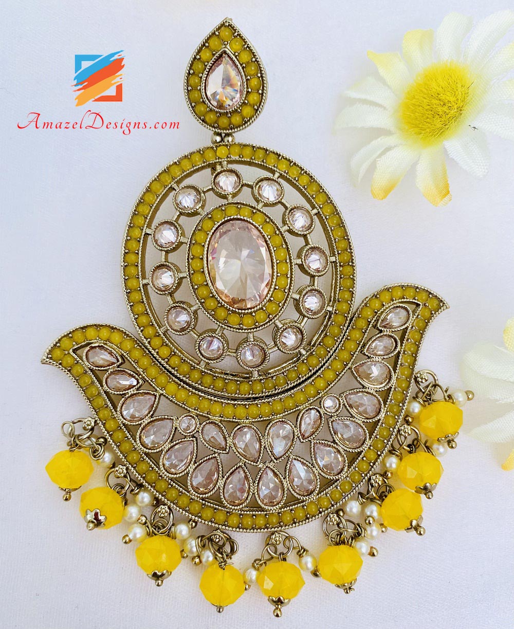 Polki Yellow Oversized Earrings And Tikka Set
