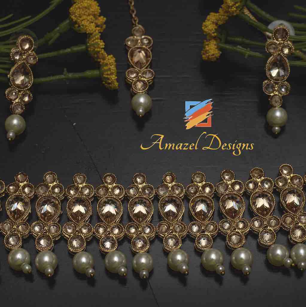 Cute Polki Choker Earrings Tikka Necklace Set