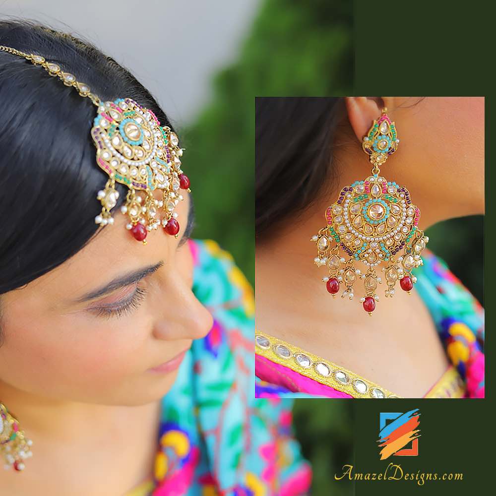 High Quality Polki Multicoloured Ruby Maroon Earring Tikka Set