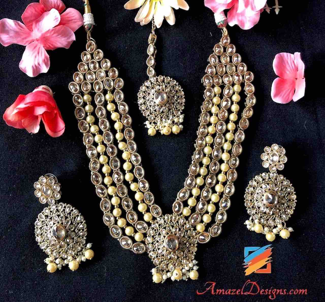 High Quality Champagne Polki 5 Layer Mala Necklace Set