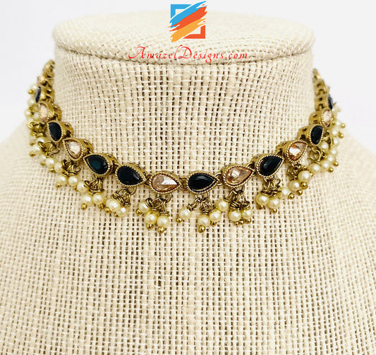 Polki Hanging Beads Black Single Line Choker/Necklace