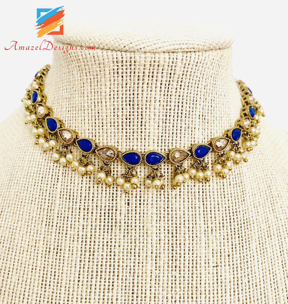 Girocollo/collana a linea singola blu con perline pendenti Polki