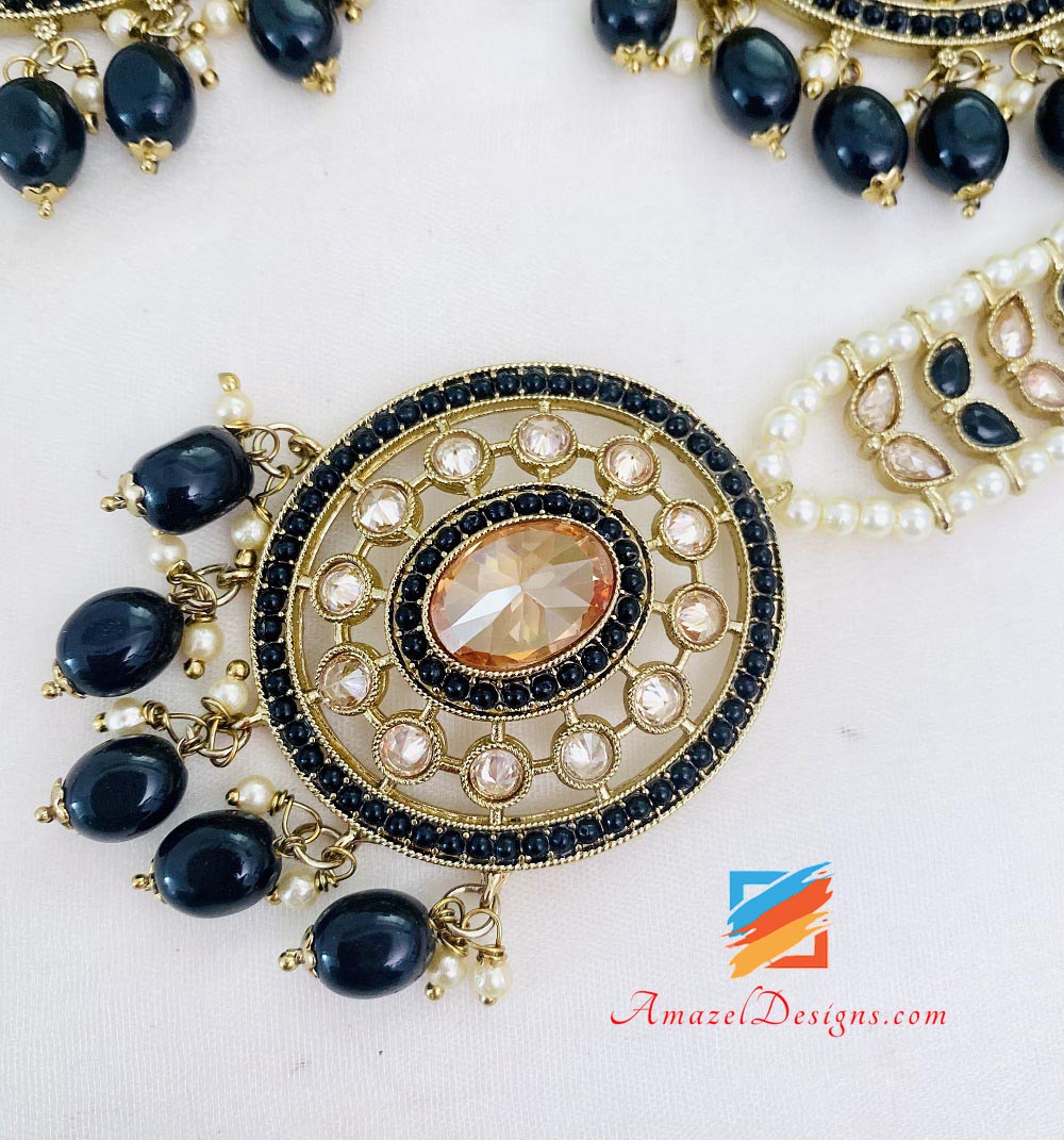 Polki Oversized Black Earrings Tikka Set