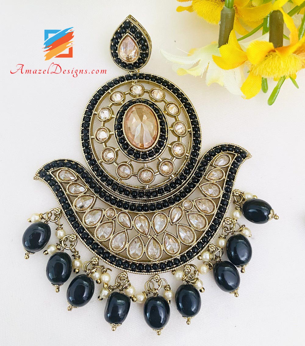 Polki Oversized Black Earrings Tikka Set