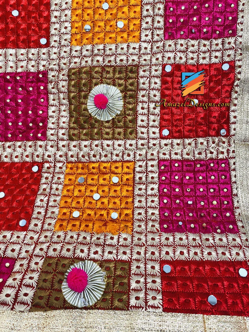 Pom Pom Spiegel Phulkari 4-seitige Perlen Gotta