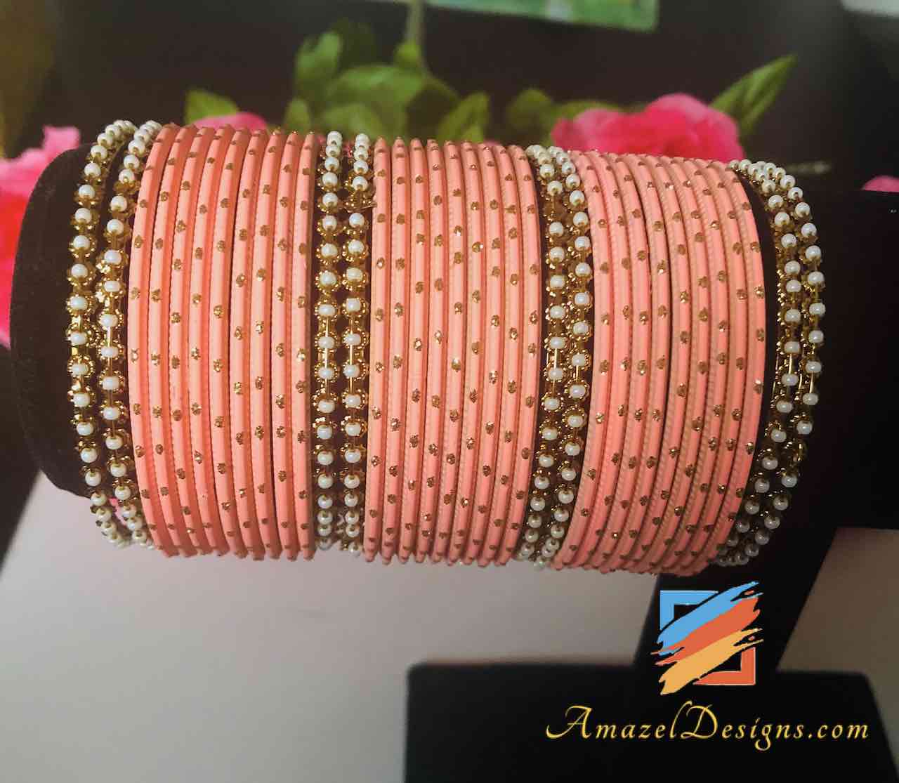 Peach White Beads Bangles