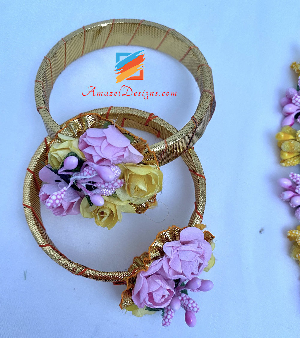 Pink Yellow Necklace Earrings Tikka and Kada Rings Set