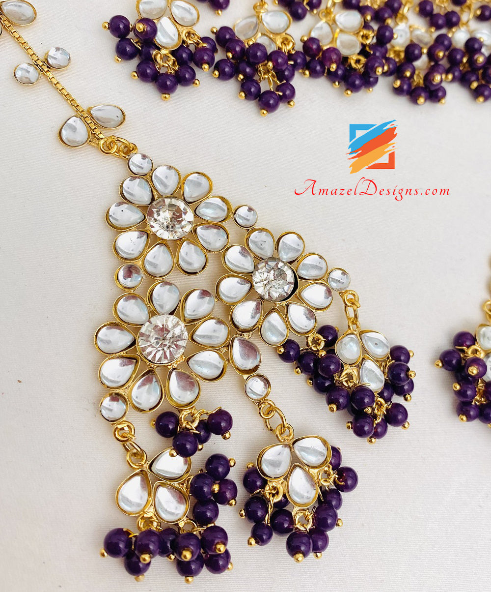 Purple Kundan Crystal Lightweight Flexible Choker Earrings Tikka Passa Set