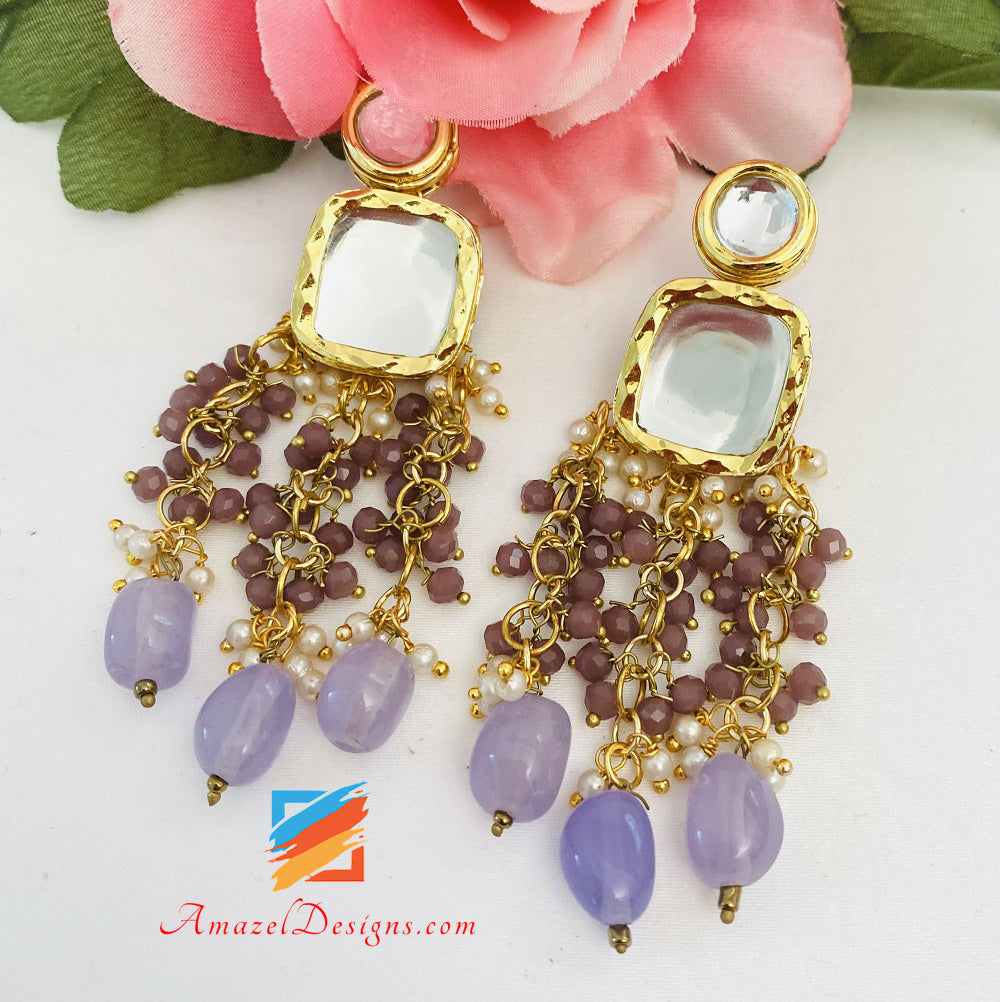 Purple Lavender Mauve Big Kundan Earrings Tikka Set