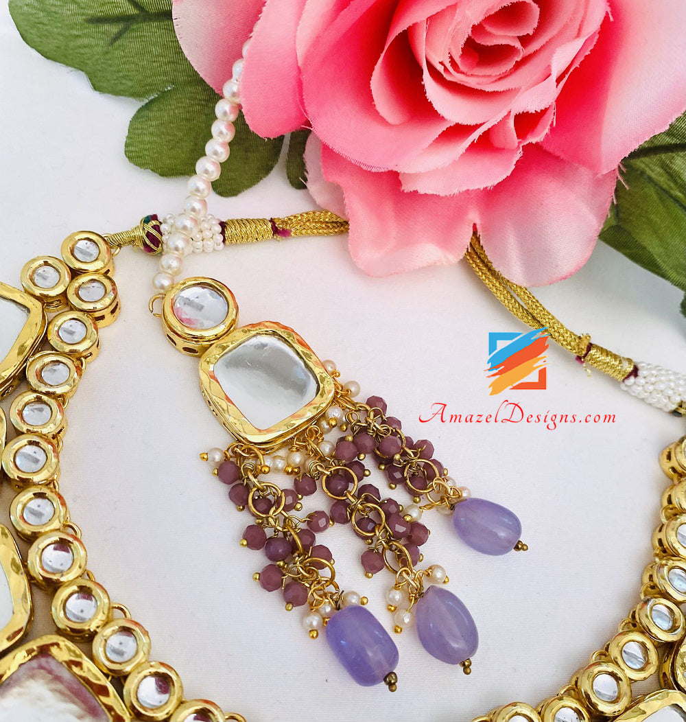 Purple Lavender Mauve Big Kundan Earrings Tikka Set