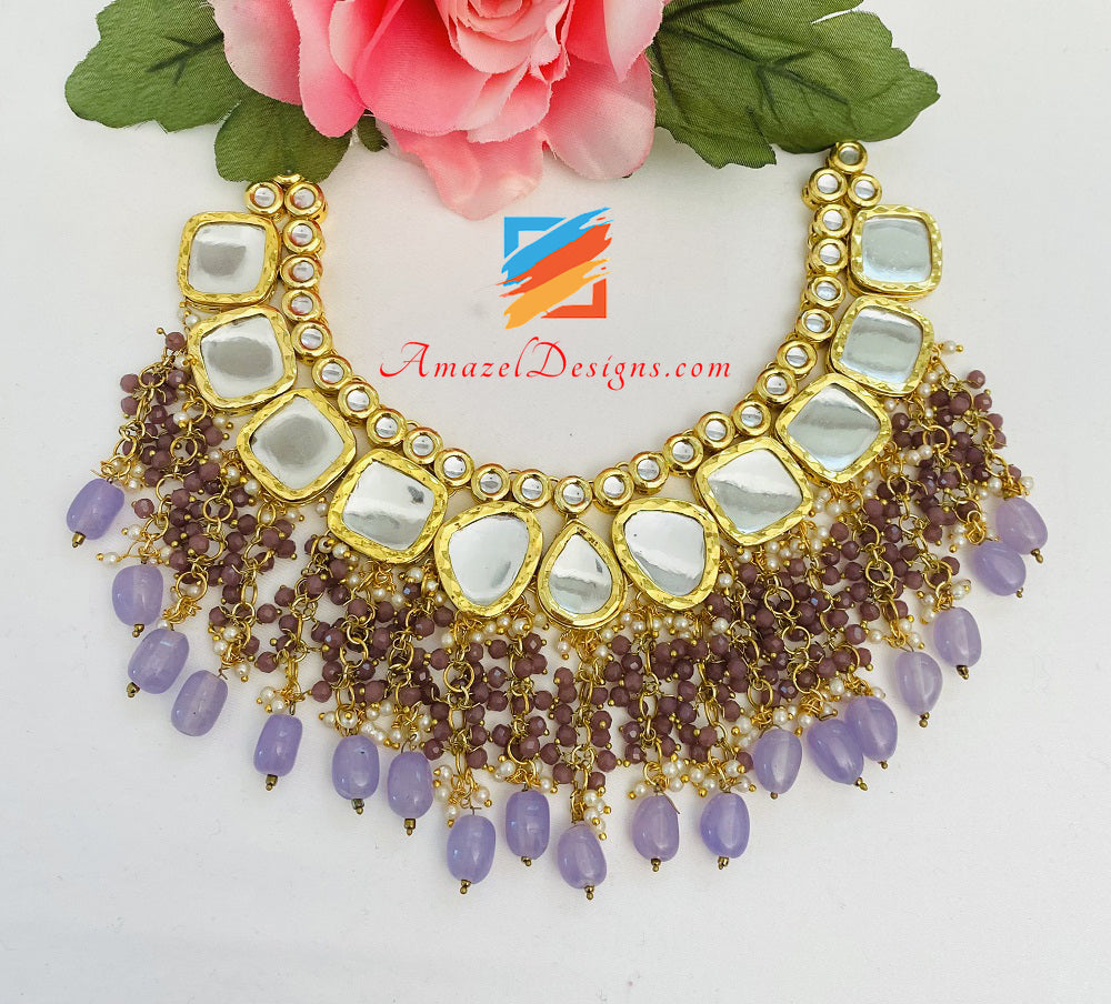 Purple Lavender Mauve Big Kundan Earrings Tikka Set