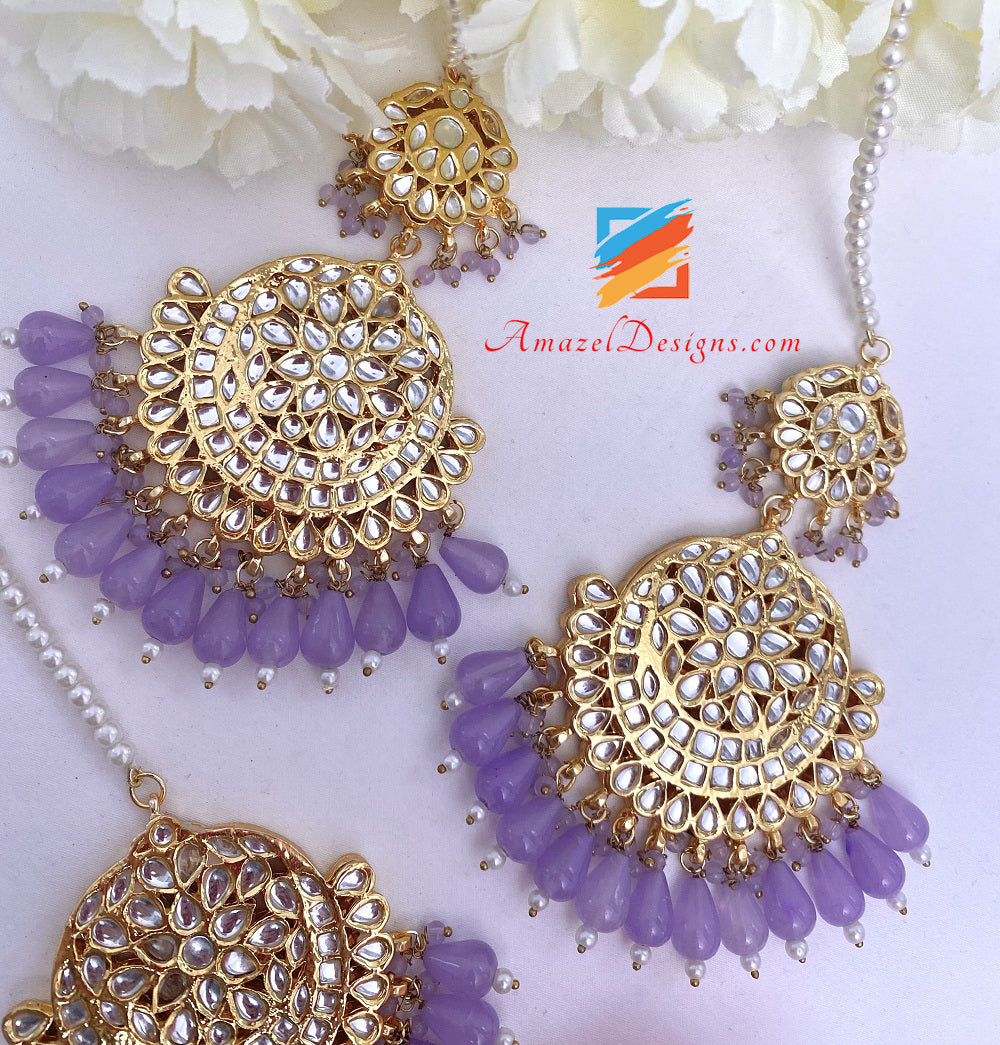 Viola Lavanda Malva Golden Kundan Orecchini Set Tikka