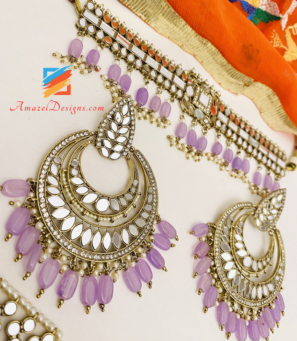 Purple Mirror Choker Necklace Earrings Tikka Set