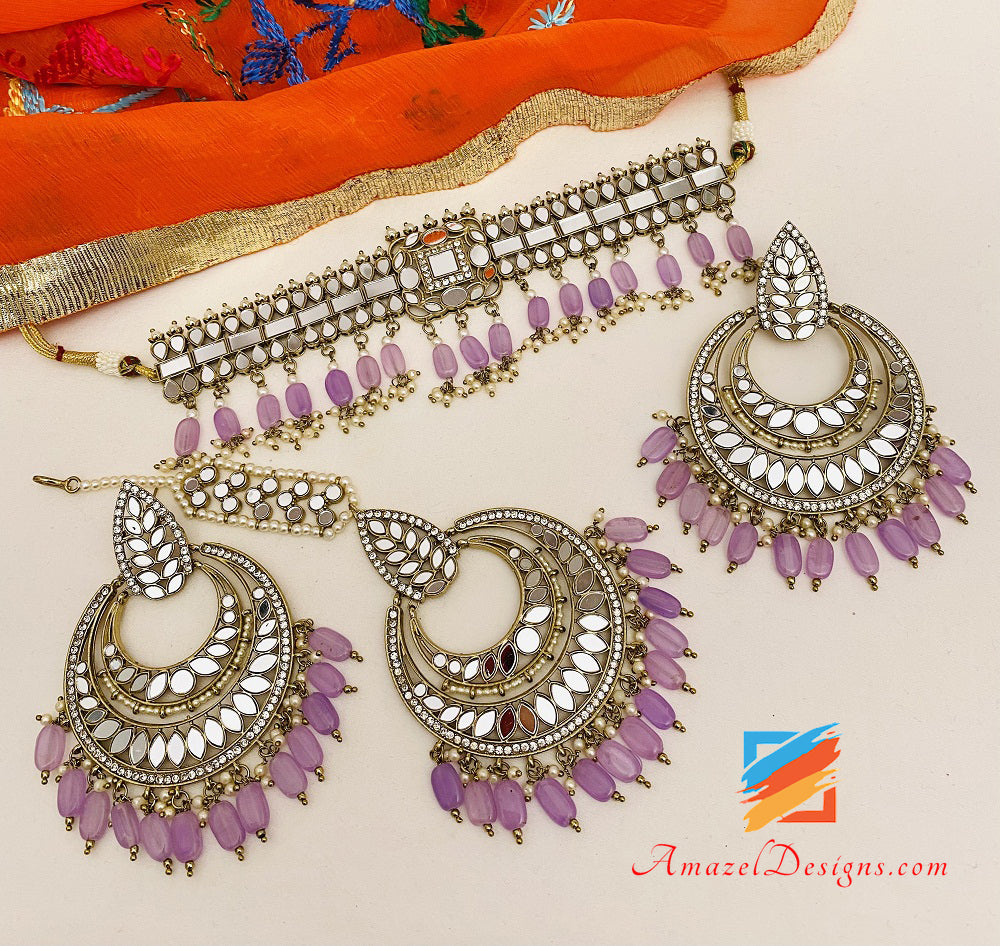 Purple Mirror Choker Necklace Earrings Tikka Set