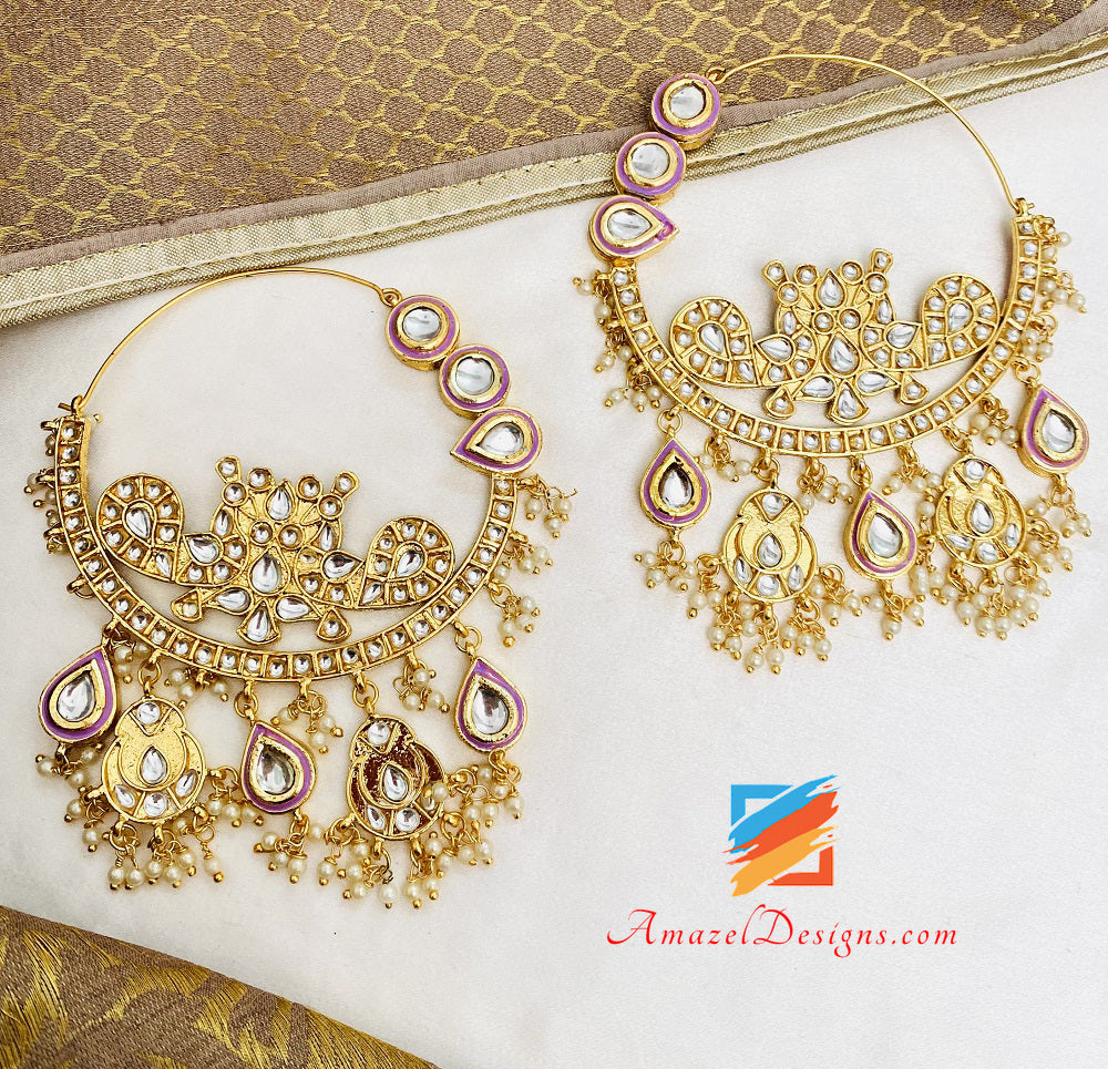 Lila übergroße Kundan Waliyaan Balley leichte Ohrringe Passa Set