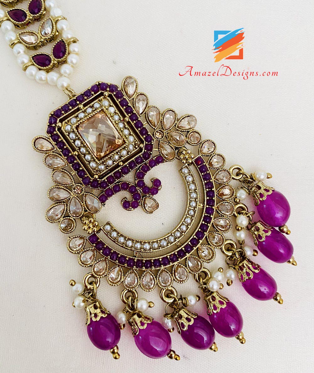 Purple Polki Earrings Tikka Set