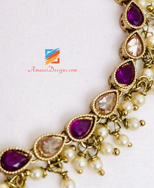 Purple Polki Hanging Beads Single Line Choker/Necklace