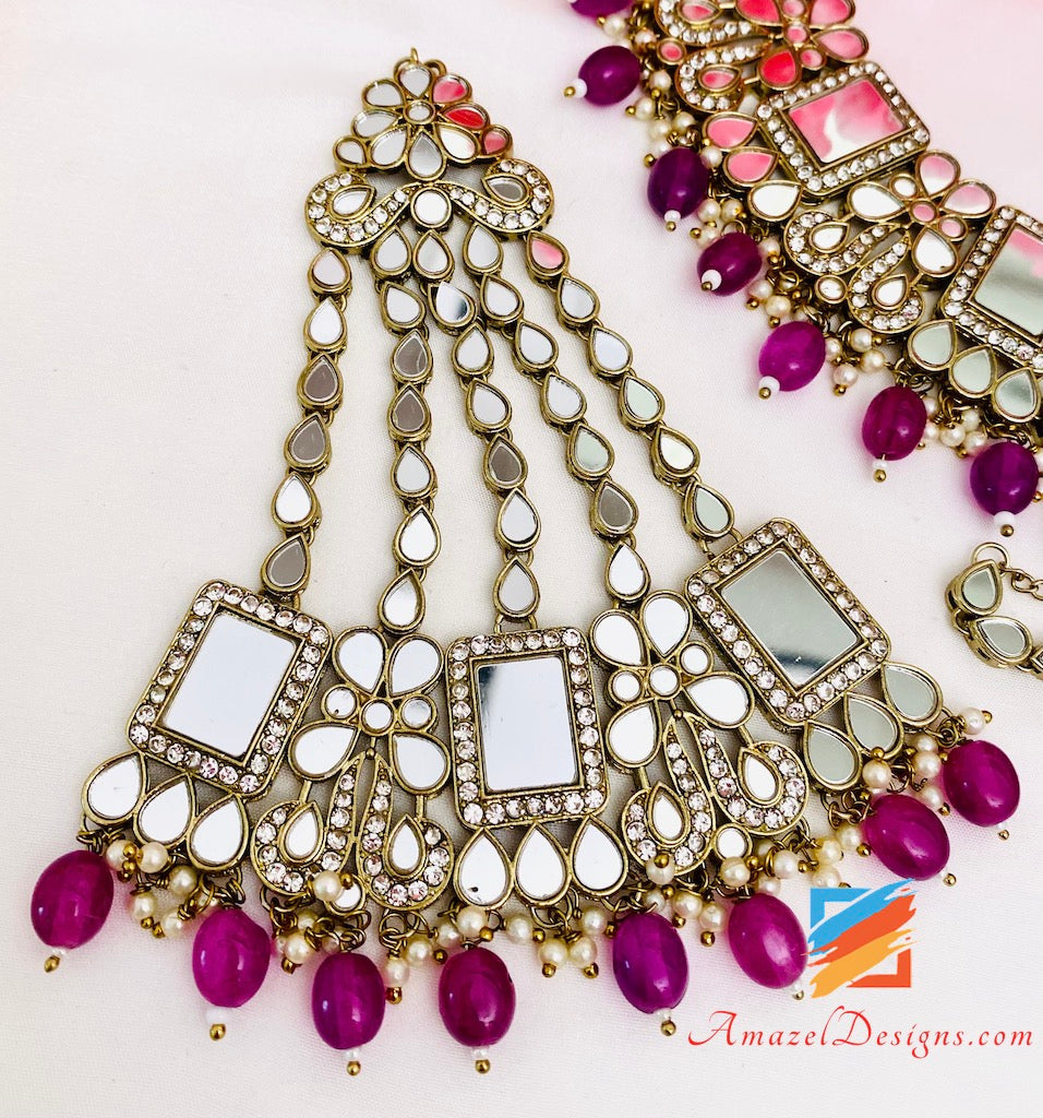 Purple (Lavender) Sheesha Necklace Earrings Tikka and Passa Set