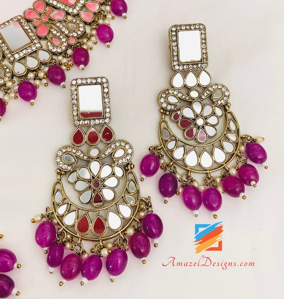 Purple (Lavender) Sheesha Necklace Earrings Tikka and Passa Set
