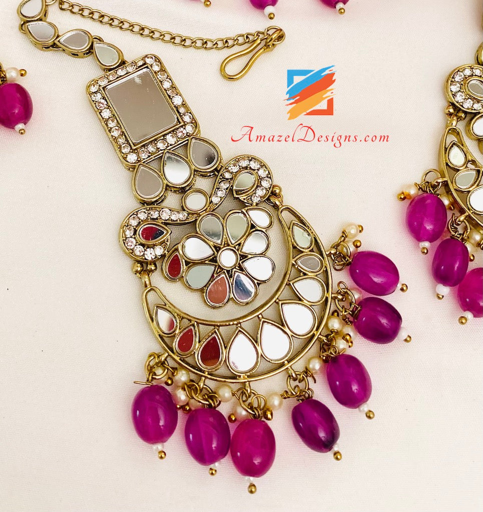 Purple (Lavender) Sheesha Necklace Earrings Tikka and Passa Set