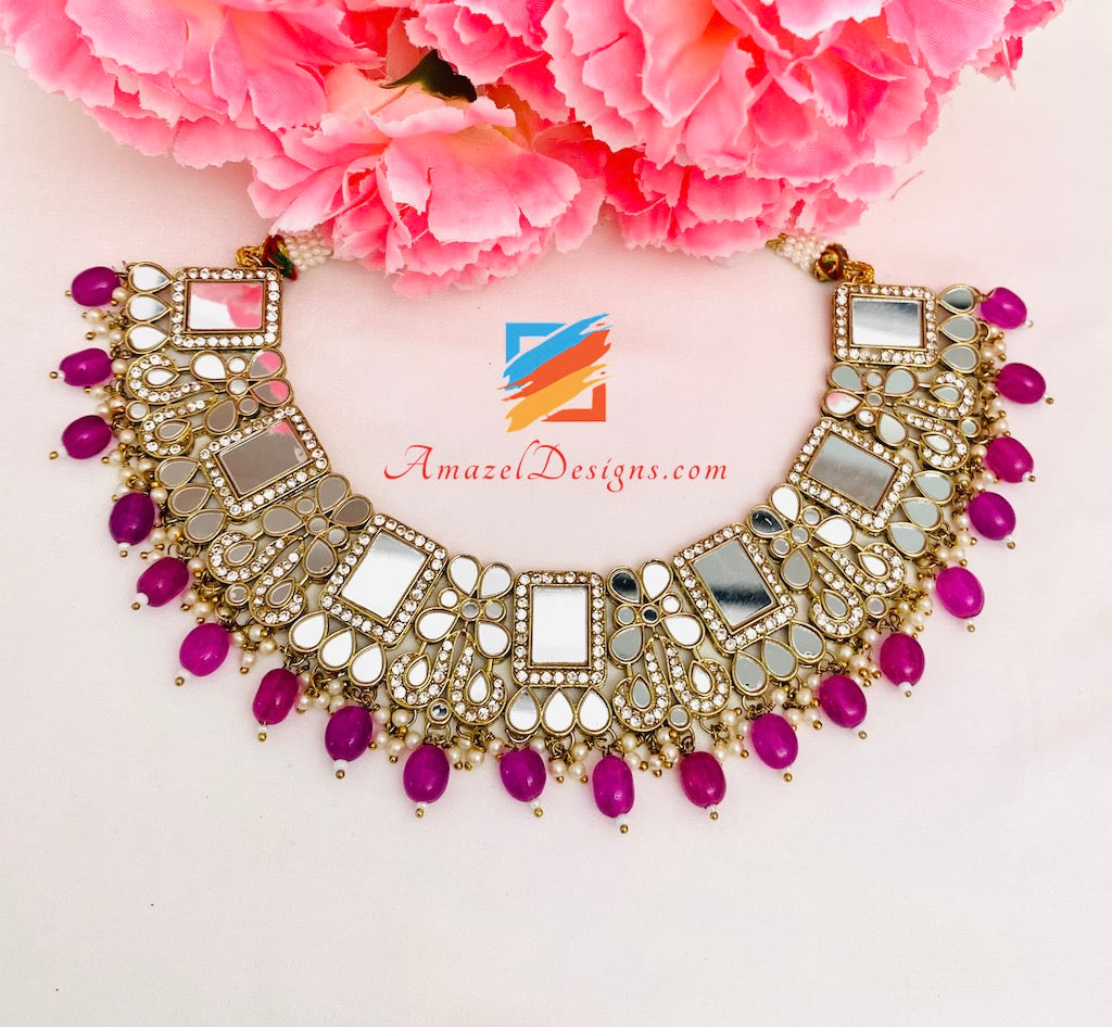 Purple (Lavender) Sheesha Necklace Earrings Tikka and Passa Set