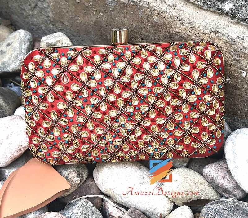 Red Kundan and Beads Work Clutch