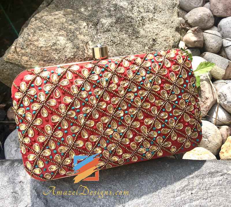 Pochette da lavoro Kundan e perline rossa